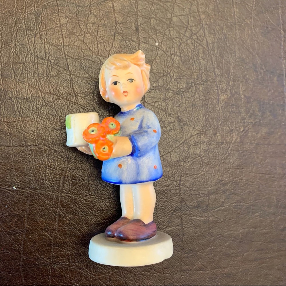 MJ Hummel Charming Figurine with Blue Coat and Flowers